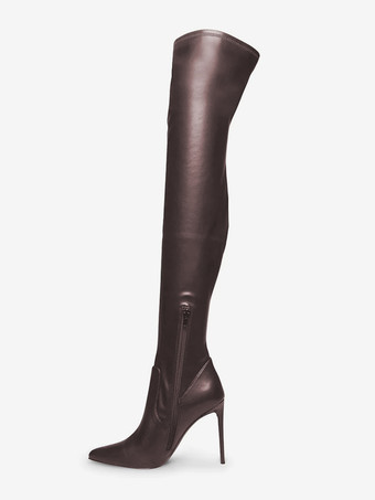 ブラウン 赤いサイハイブーツ、つま先が尖ったハイヒール、伸縮性のあるオーバーニーブーツ