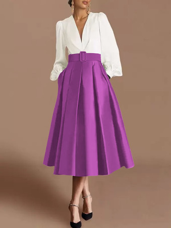 マゼンタプロムドレス ボールガウン Vネック サテン生地 長袖 サッシュ ページェントドレス