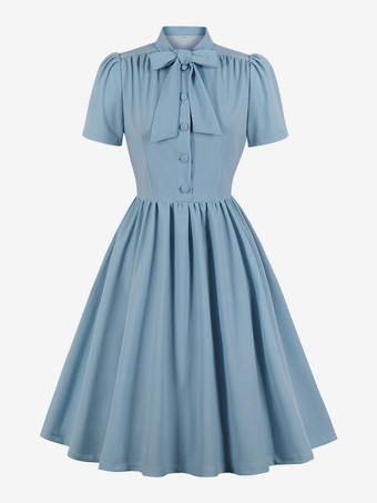 ライトスカイブルーレトロワンピース　1950年代オードリー・ヘップバーン風　ネイビー　半袖　二次会　お呼ばれ　発表会　スイングドレス