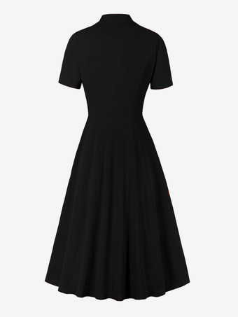 1950年代オードリー・ヘップバーン風　レトロドレス　Vネック　半袖　二次会　お呼ばれ　発表会　ロングロカビリードレス