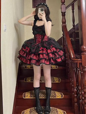 Vestidos góticos de lolita con lazos y cordones en jacquard negro
