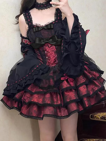Vestidos góticos de lolita con lazos y cordones en jacquard negro