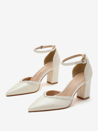 アイボリーホワイトウェディングシューズ ポインテッドトゥ パールブロックヒール ブライダルパンプス