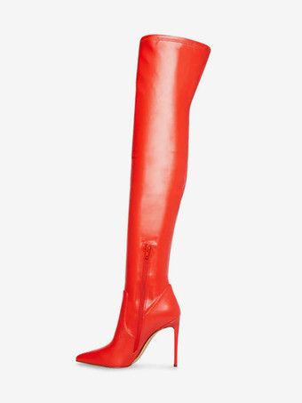 レッド 赤いサイハイブーツ、つま先が尖ったハイヒール、伸縮性のあるオーバーニーブーツ