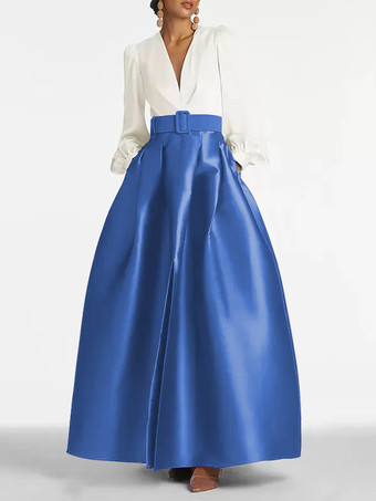 ブルーイブニングドレス プリンセスシルエット Vネック フロアレングス ロングスリーブ ジッパーサッシュ サテン生地 フォーマルパーティードレス