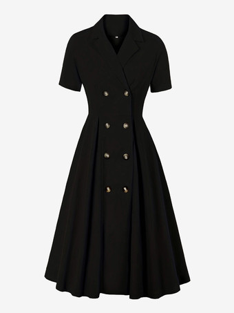 ブラック 1950年代オードリー・ヘップバーン風　レトロドレス　Vネック　半袖　二次会　お呼ばれ　発表会　ロングロカビリードレス