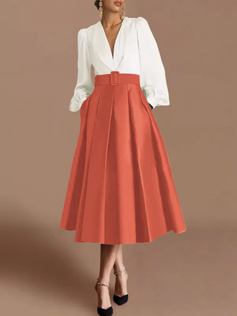 ブリックレッドプロムドレス ボールガウン Vネック サテン生地 長袖 サッシュ ページェントドレス