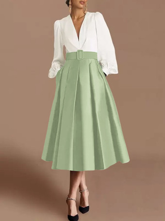 パステルグリーンプロムドレス ボールガウン Vネック サテン生地 長袖 サッシュ ページェントドレス