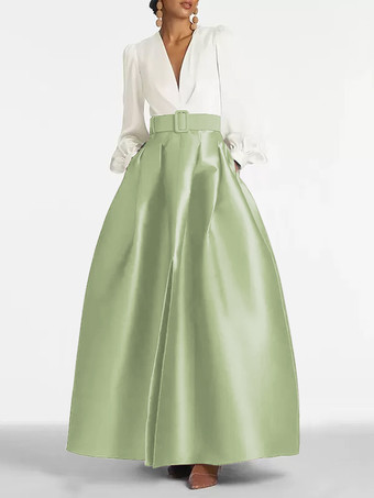 パステルグリーンイブニングドレス プリンセスシルエット Vネック フロアレングス ロングスリーブ ジッパーサッシュ サテン生地 フォーマルパーティードレス