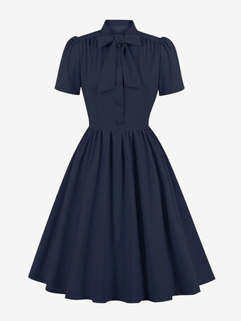 ダークネイビーレトロワンピース　1950年代オードリー・ヘップバーン風　ネイビー　半袖　二次会　お呼ばれ　発表会　スイングドレス