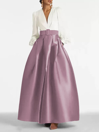 サーモンピンクイブニングドレス プリンセスシルエット Vネック フロアレングス ロングスリーブ ジッパーサッシュ サテン生地 フォーマルパーティードレス