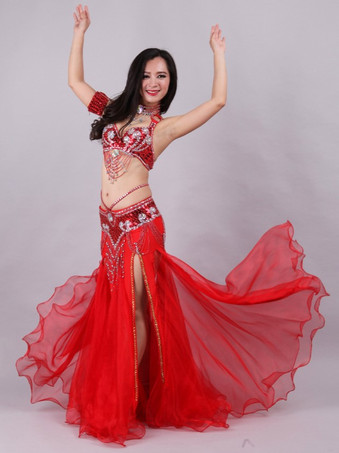 レッド ベリーダンス衣装 パフォーマンス 女性用 ダンスウェア 5点セット 衣装
