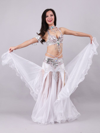 ホワイト ベリーダンス衣装 パフォーマンス 女性用 ダンスウェア 5点セット 衣装