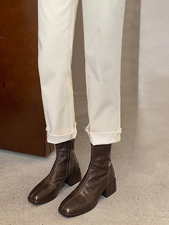 レディース コーヒーブラウン アンクルブーツ スクエアトゥ パピーヒール ブーティ