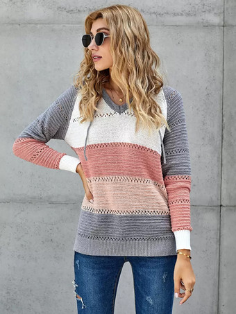 女性のプルオーバーセーターグレーフード付き長袖巾着セーター