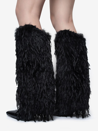 ブラックフェイクフェザーニーハイブーツレディースポインテッドトゥハイヒールブーツ