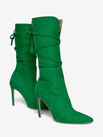 ハイヒールブーツ女性ポインテッドトゥレースアップブーティー