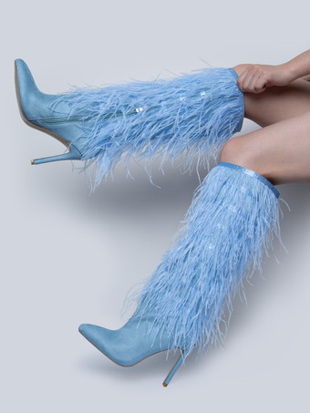 ブラックニーハイブーツ レディース フェザーディテール スティレットヒール ニーレングスブーツ