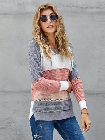 女性のプルオーバーセーターグレーフード付き長袖巾着セーター