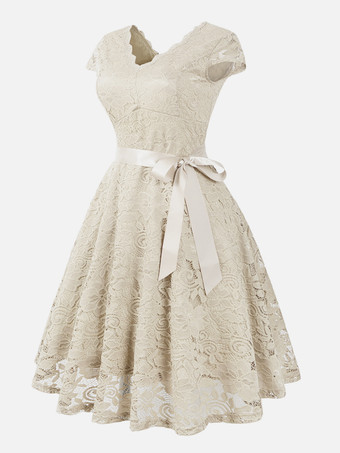 レトロ ヴィンテージ 結婚式ドレス 1950年代　Vネック　キャップスリーブ　二次会　お呼ばれ　発表会　レースワンピース　フォーマル パーティードレス