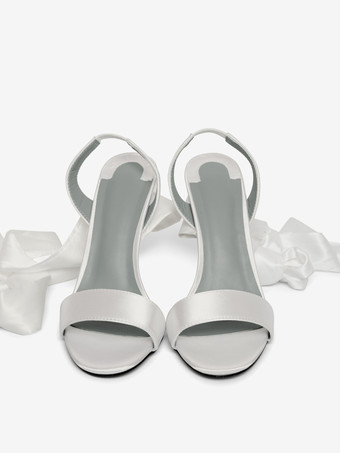 サテンハイヒールサンダル ホワイト レースアップ リボン ラウンドトゥ プロムシューズ アンクルストラップ ブライダルシューズ