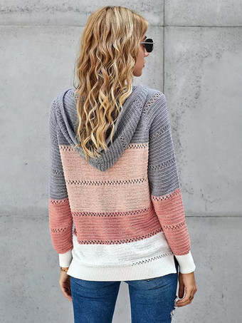 女性のプルオーバーセーターグレーフード付き長袖巾着セーター