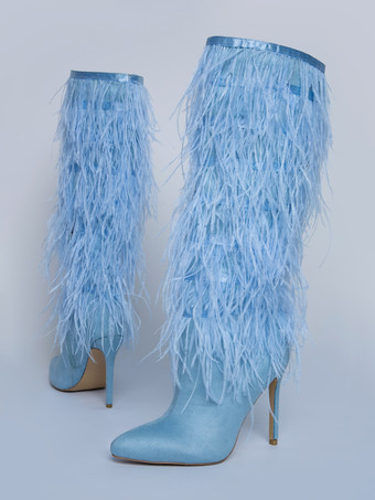 ブラックニーハイブーツ レディース フェザーディテール スティレットヒール ニーレングスブーツ