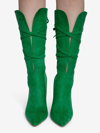 ハイヒールブーツ女性ポインテッドトゥレースアップブーティー