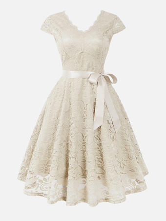 レトロ ヴィンテージ 結婚式ドレス 1950年代　Vネック　キャップスリーブ　二次会　お呼ばれ　発表会　レースワンピース　フォーマル パーティードレス