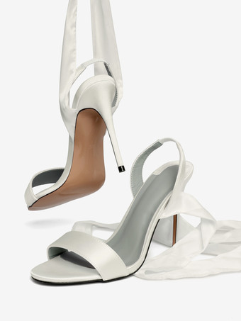 サテンハイヒールサンダル ホワイト レースアップ リボン ラウンドトゥ プロムシューズ アンクルストラップ ブライダルシューズ