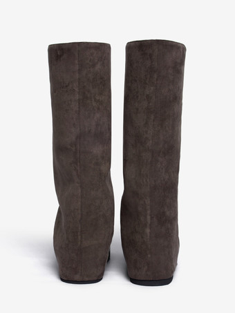 レディース スエード フラットブーツ ラウンドトゥ ルーシュ フォールドオーバー ニーハイブーツ