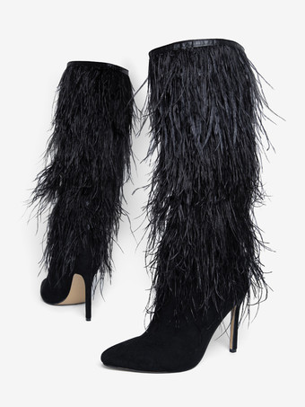 ブラックニーハイブーツ レディース フェザーディテール スティレットヒール ニーレングスブーツ