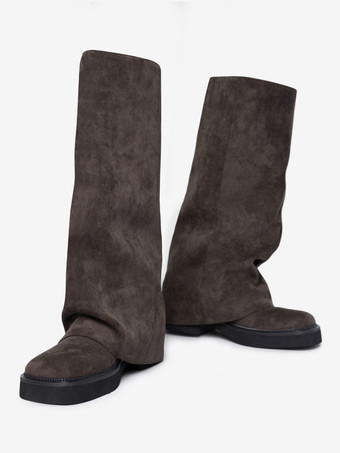 レディース スエード フラットブーツ ラウンドトゥ ルーシュ フォールドオーバー ニーハイブーツ