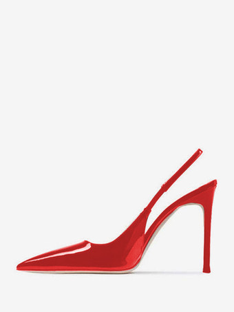 レッド 黒のハイヒールの女性ポインテッドトゥスリングバックスティエットヒールドレスシューズ