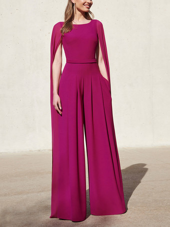 ローズレッドカクテルドレス付き美しいジャンプスーツフロアレングスVネックポリエステル