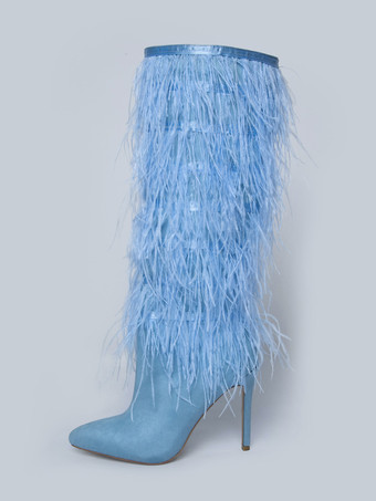ライトスカイブルーブラックニーハイブーツ レディース フェザーディテール スティレットヒール ニーレングスブーツ