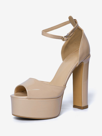 ヌードハイヒールサンダル プラットフォーム オープントゥ アンクルストラップ パーティー プロムシューズ