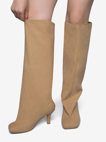 スエードニーハイブーツ ワイドカーフ レディース スクエアトゥデザイン ハイヒールブーツ