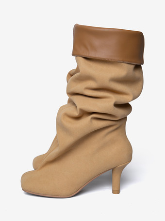 スエードニーハイブーツ ワイドカーフ レディース スクエアトゥデザイン ハイヒールブーツ