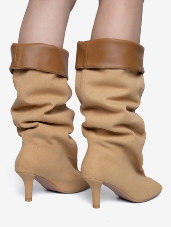 スエードニーハイブーツ ワイドカーフ レディース スクエアトゥデザイン ハイヒールブーツ