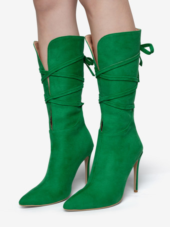 ハイヒールブーツ女性ポインテッドトゥレースアップブーティー