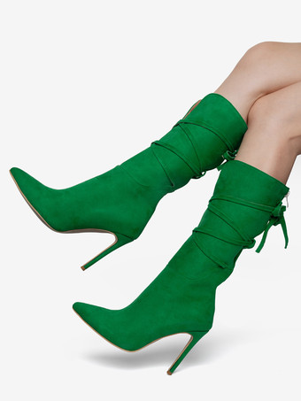 ハイヒールブーツ女性ポインテッドトゥレースアップブーティー