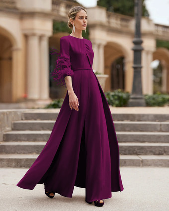 プラムマザードレス デザインネックライン 3/4 丈スリーブ ジャンプスーツ ビーズ付き ウェディングゲストドレス