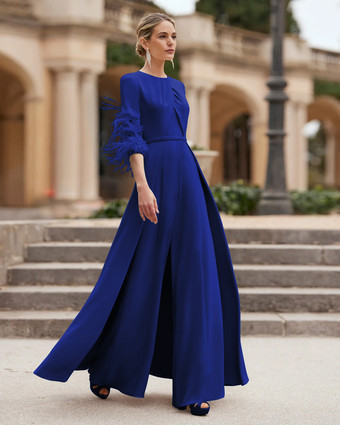 ロイヤルブルーマザードレス デザインネックライン 3/4 丈スリーブ ジャンプスーツ ビーズ付き ウェディングゲストドレス