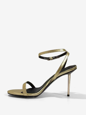 レディース アンクル ストラップ スティレットヒール サンダル ゴールド プロムシューズ ロック付き