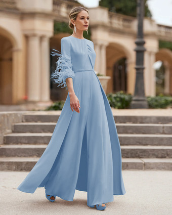 アクアグリーンマザードレス デザインネックライン 3/4 丈スリーブ ジャンプスーツ ビーズ付き ウェディングゲストドレス