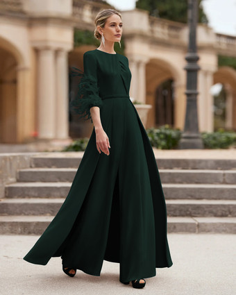 エメラルド マザードレス デザインネックライン 3/4 丈スリーブ ジャンプスーツ ビーズ付き ウェディングゲストドレス