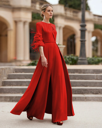 レッド マザードレス デザインネックライン 3/4 丈スリーブ ジャンプスーツ ビーズ付き ウェディングゲストドレス