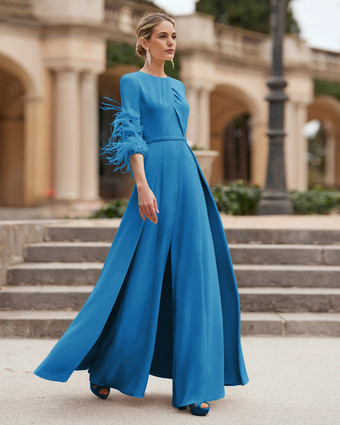 ブルーマザードレス デザインネックライン 3/4 丈スリーブ ジャンプスーツ ビーズ付き ウェディングゲストドレス