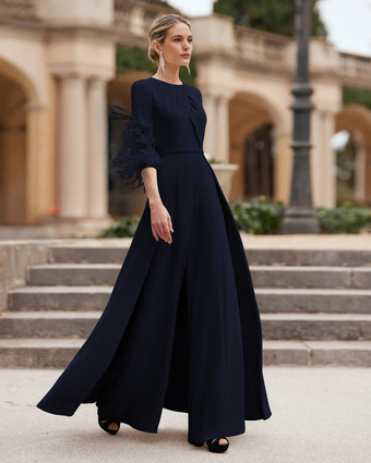 ダークネイビーマザードレス デザインネックライン 3/4 丈スリーブ ジャンプスーツ ビーズ付き ウェディングゲストドレス